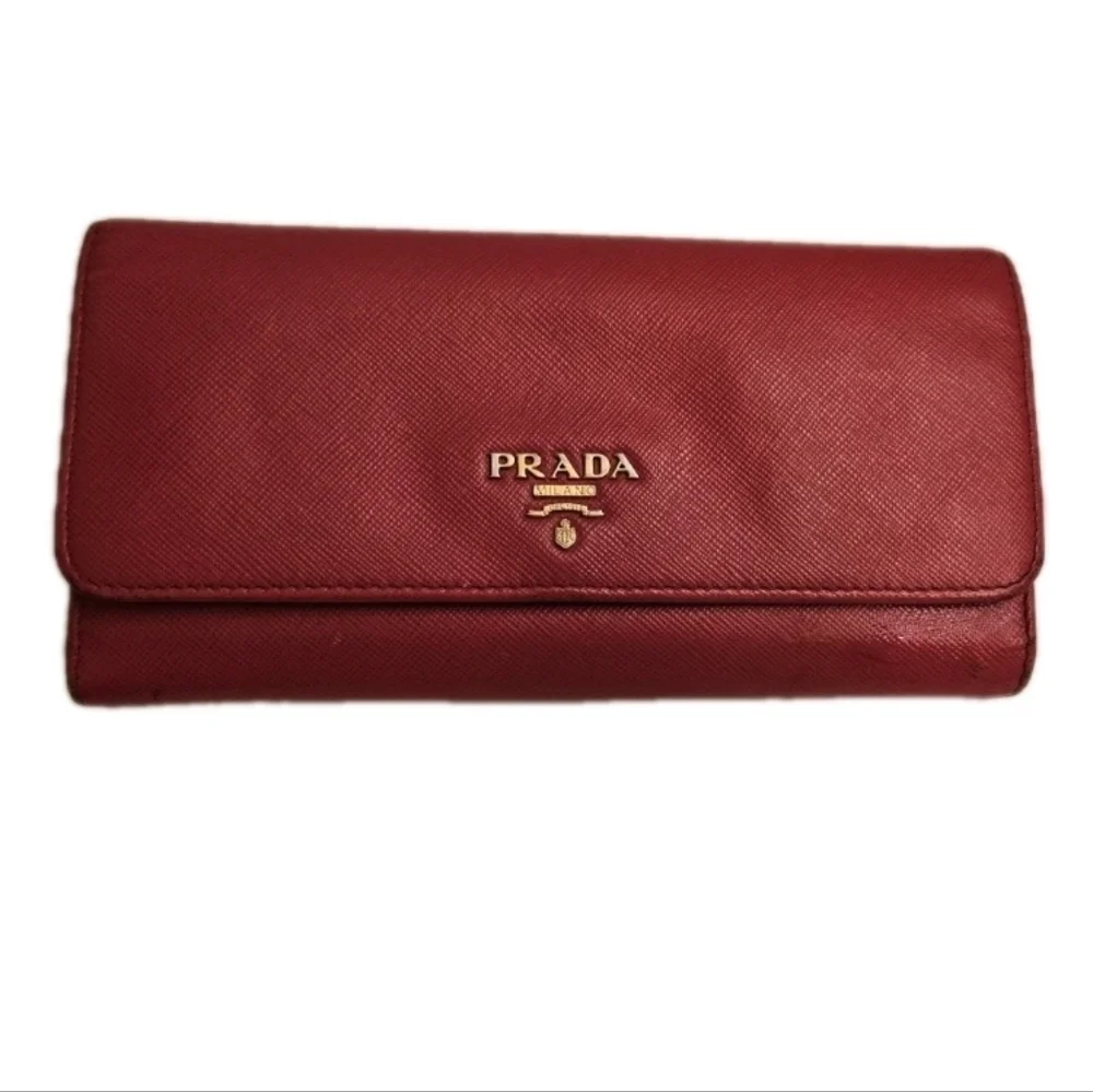 Prada Nero Red Saffiano Crossgrain Leather Long Wallet Gold Hardware Zipper